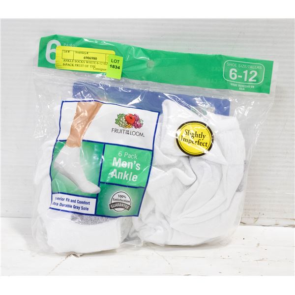 ANKLE SOCKS WHITE 6-12 SIZE 6-PACK FRUIT OF THE