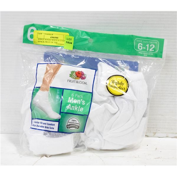 ANKLE SOCKS WHITE 6-12 SIZE 6-PACK FRUIT OF THE