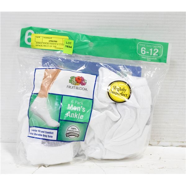 ANKLE SOCKS WHITE 6-12 SIZE 6-PACK FRUIT OF THE