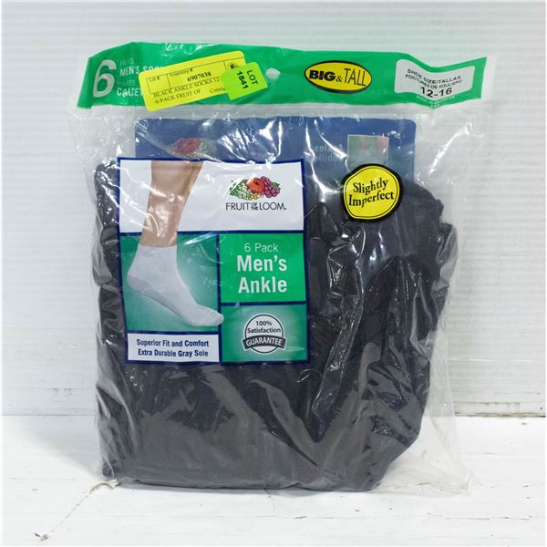 BLACK ANKLE SOCKS 12-16 SIZE 6-PACK FRUIT OF