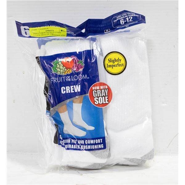 WHITE CREW SOCKS 6-12 SIZE 6-PACK FRUIT OF THE
