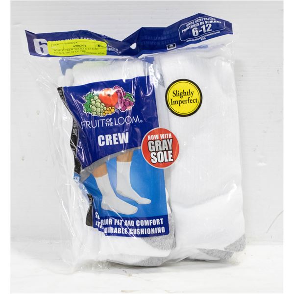 WHITE CREW SOCKS 6-12 SIZE 6-PACK FRUIT OF THE