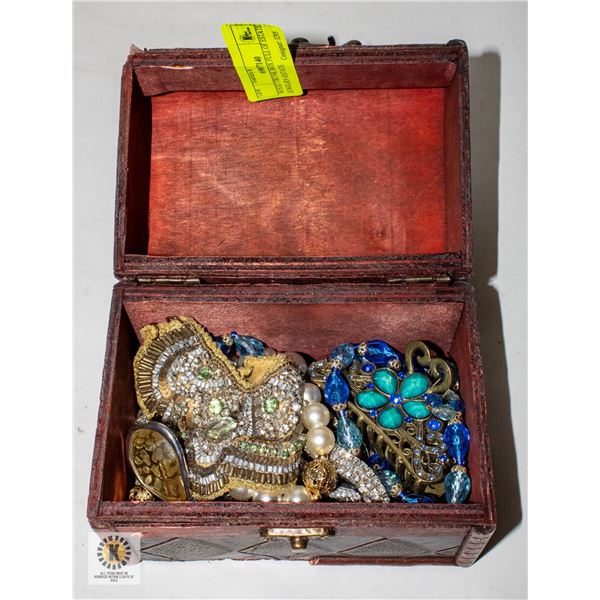WOOD TRUNK BOX FULL OF ESTATE JEWELRY-ESTATE
