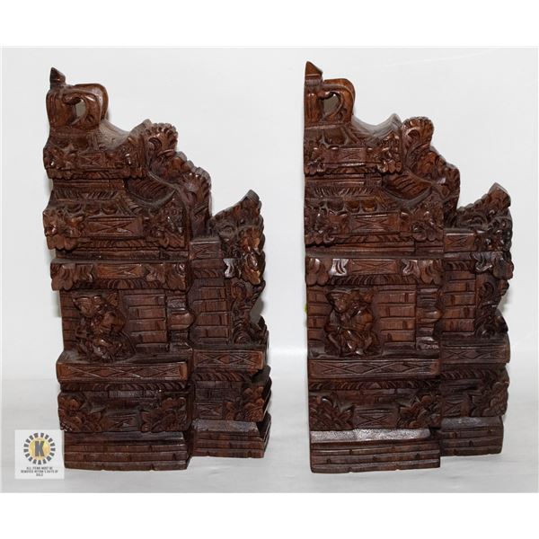 ANTIQUE CARVED WOOD ASIAN BOOK ENDS SET-ESTATE
