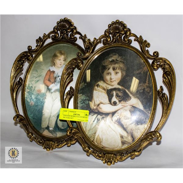 VINTAGE BUBBLE GLASS BRASS PICTURES SET