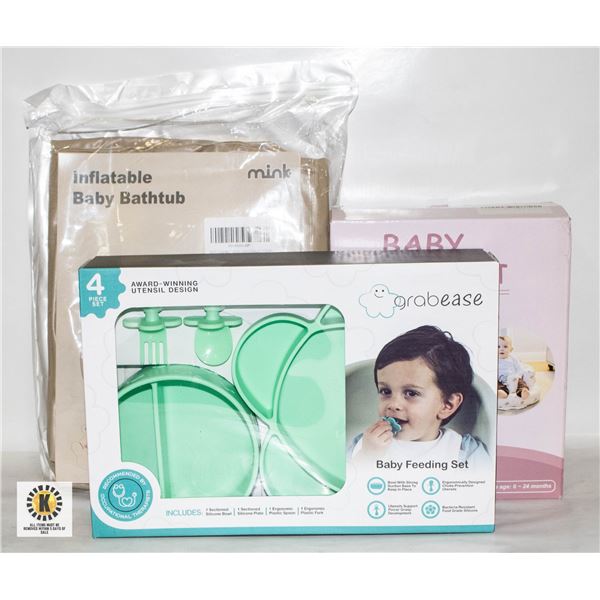 INFLATABLE BABY BATHTUB, BABY SEAT, BABY DISH SET