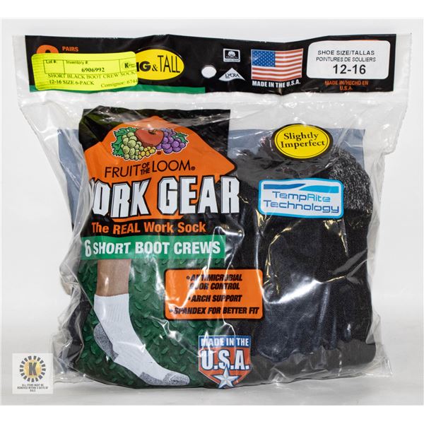 SHORT BLACK BOOT CREW SOCKS 12-16 SIZE 6-PACK
