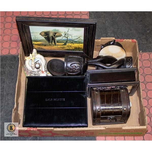 ESTATE LOT OF JEWELLERY BOXES, COIN BANK AND MUCH