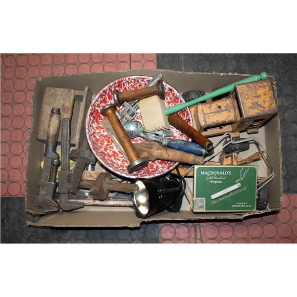 TRAY OF ANTIQUE TOOLS, TOYS & ETC.