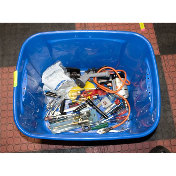 BLUE TOTE W/ASSORTED TOOLS & HARDWARE