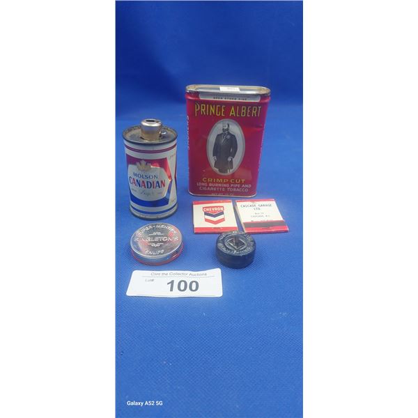 Collectibles lot, Molson Canadian lighter, Prince Albert tin, Chevron matches, etc.