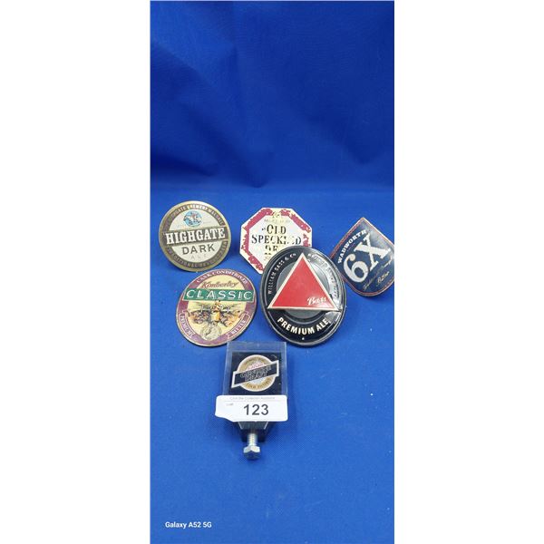 6 Bar tap badges, including Kimberly Classic, High Gate, Williams Ale, Labatts, Wadworth, 6x and Old