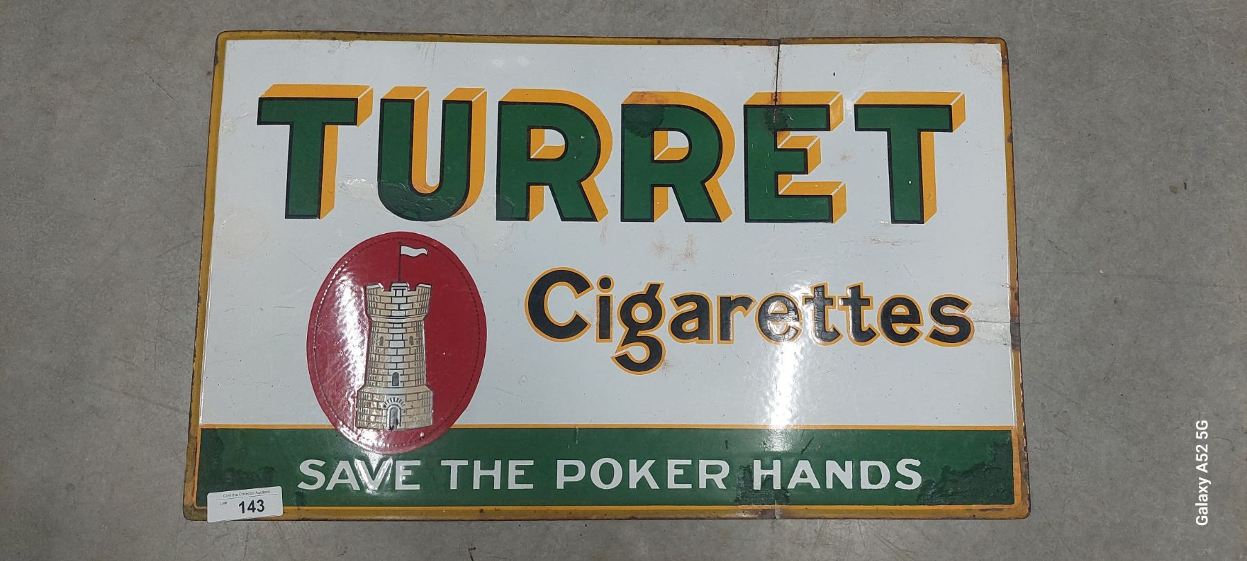 Antique metal Turret cigarette sign 30X18 small cut at top