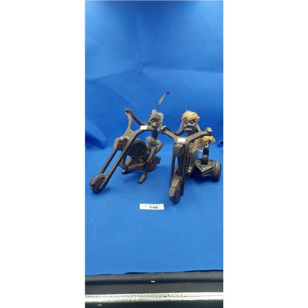2 African wooden carved biker ornaments