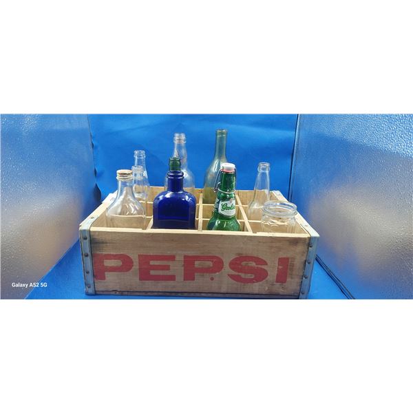 Wooden Pepsi Cola crate with 11 bottles