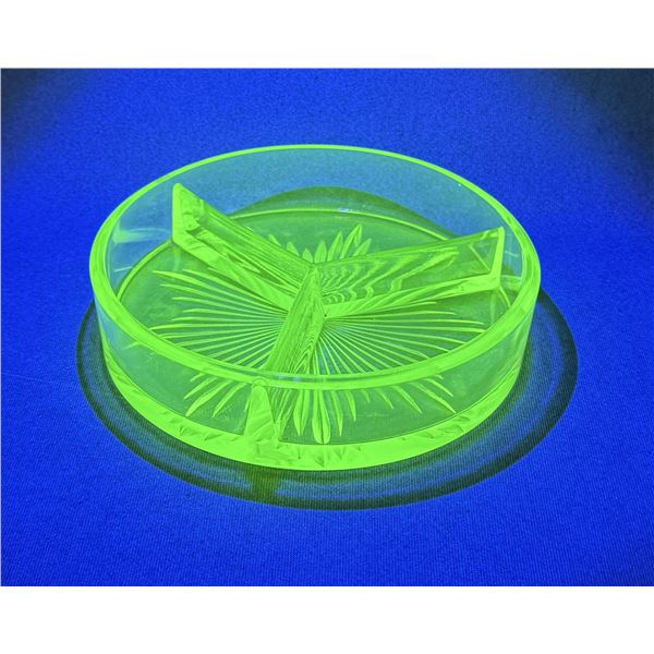 Depression Vaseline Uranium Glass Divided Dish