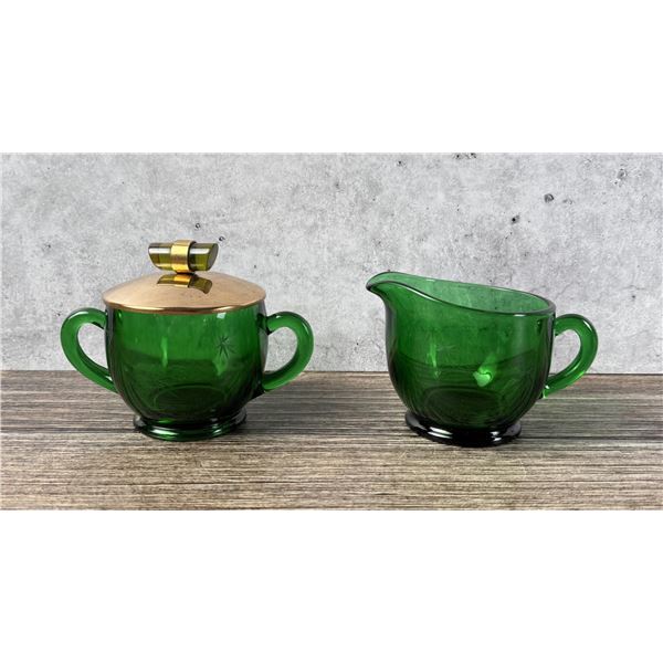 Paden City Emerald Glo Atomic Star Creamer & Sugar