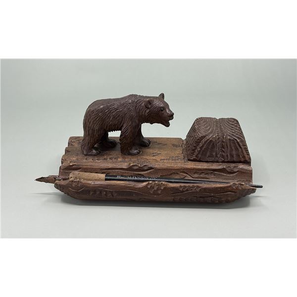 Black Forest Carved Wood Bear Inkwell Pen Rest