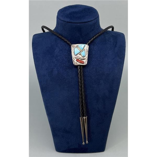 Navajo Sterling Silver Turquoise Coral Bolo Tie