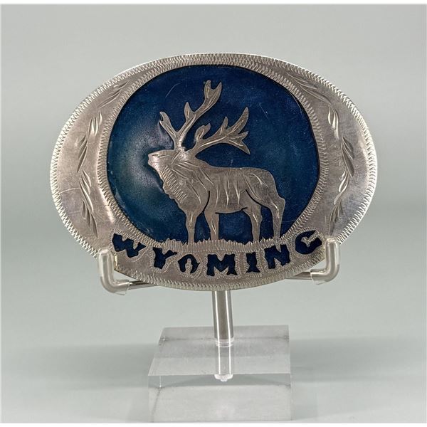 Wyoming Inlaid Cowboy Elk Belt Buckle