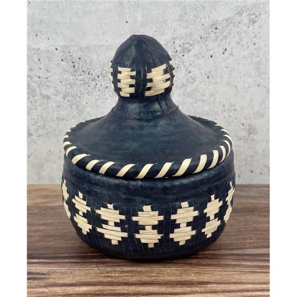 Senegalese African Leather Covered Basket