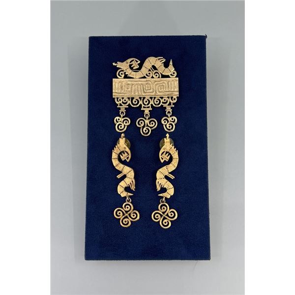 South American Gold Tone Earrings and Brooch