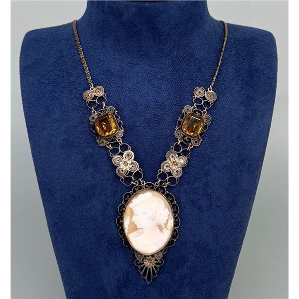 Victorian Sterling Silver Citrine Cameo Necklace