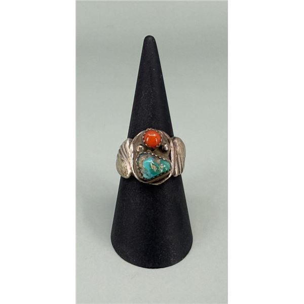 Navajo Sterling Silver Turquoise Coral Ring