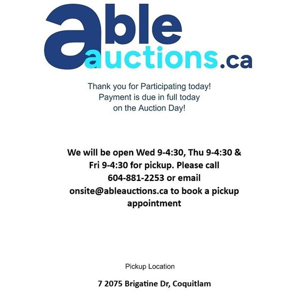 All items must be removed Wed, Thu, Fri 9-4:30 by appointment only