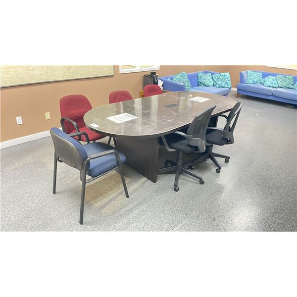 CONTENTS OF BOARD ROOM INCLUDING BLACK 94" BOARDROOM TABLE, 3 CLIENT CHAIRS AND 2 MESH BACK OFFICE