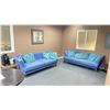 Image 1 : CONTENTS OF LOUNGE CORNER INCLUDING 2 BLUE 2 SEAT SOFAS, FRAMED ART WORK END TABLE AND COFFEE MAKER