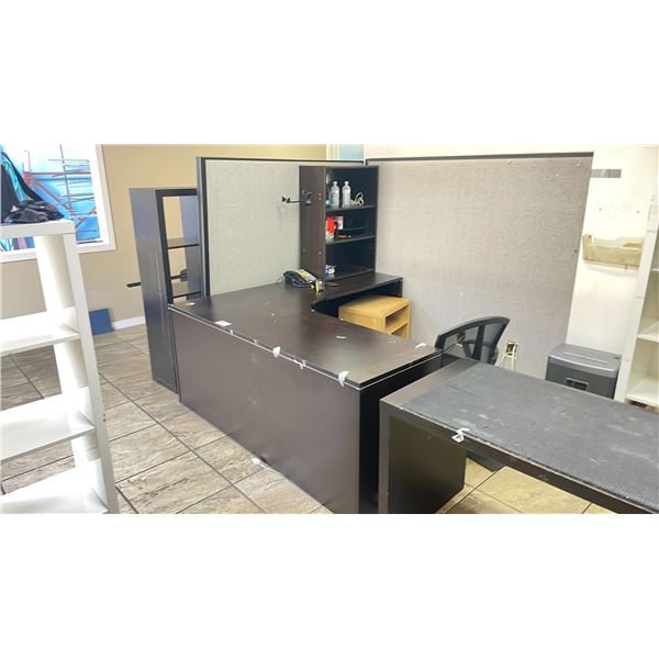 3 DRAWER L SHAPE OFFICE DESK, DARK WOOD 2 DRAWER OFFICE DESK MULTIPLE SECTION SHELFING UNIT, SMALL