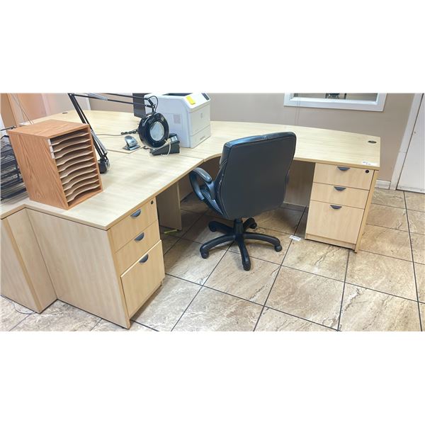 1 MAPLE PEDESTAL  L SHAPED OFFICE DESK WITH 6 DRAWERS AND MESH BACK OFFICE CHAIR.