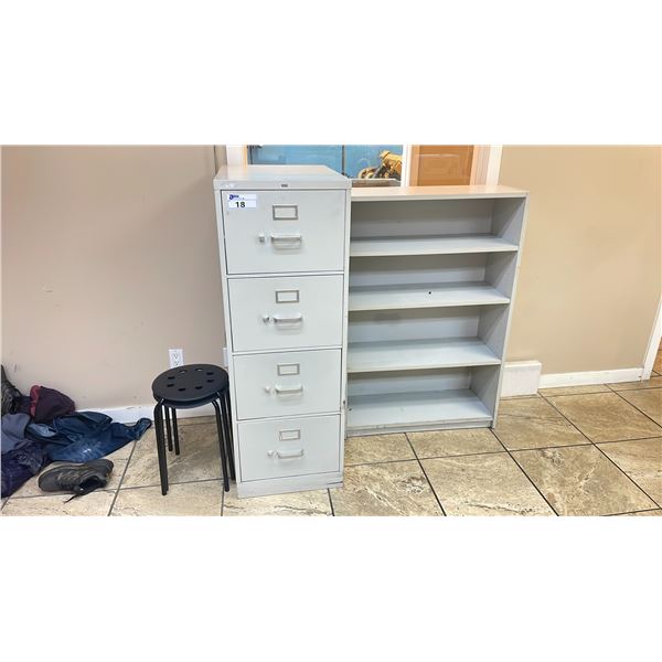 1- 4 DRAWER OFFICE FILING CABINET AND 4 SHELF BOOK SHELF