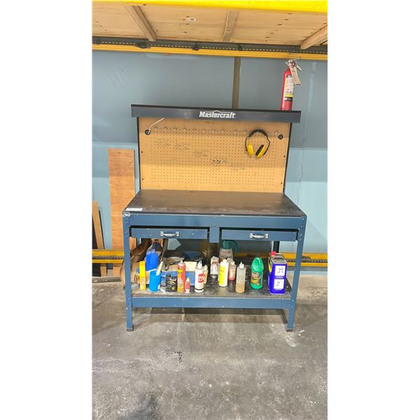 MASTERCRAFT BLUE METAL 2 DRAWER 48"W X 24"D X 36"H INDUSTRIAL WORKBENCH WITH PEGBOARD BACK SHELF
