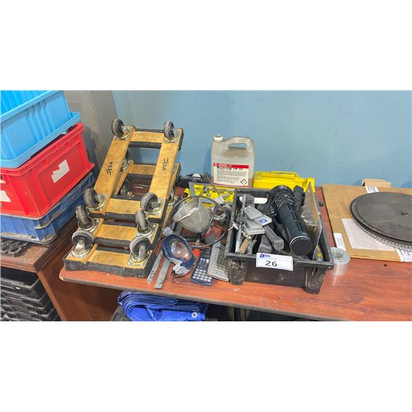ASSORTED METAL SHOP HAND TOOLS MEGAFLOW LUBRICANT & MINI 4 WHEEL TRANSPORT CARTS