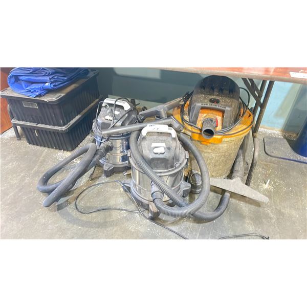 3 ELECTRIC INDUSTRIAL SHOP VACUUMS WITH ASSORTED HOSES, ATTACHMENTS & PARTS
