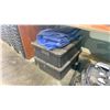 Image 2 : WOODEN FOLDING TABLE, 2 BLACK PLASTIC STORAGE BINS WITH LIDS & BLUE TARP