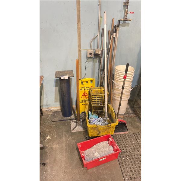 BLUE METAL HEAVY DUTY GRINDER STAND, ASSORTED JANITORIAL EQUIPMENT, & BUCKETS