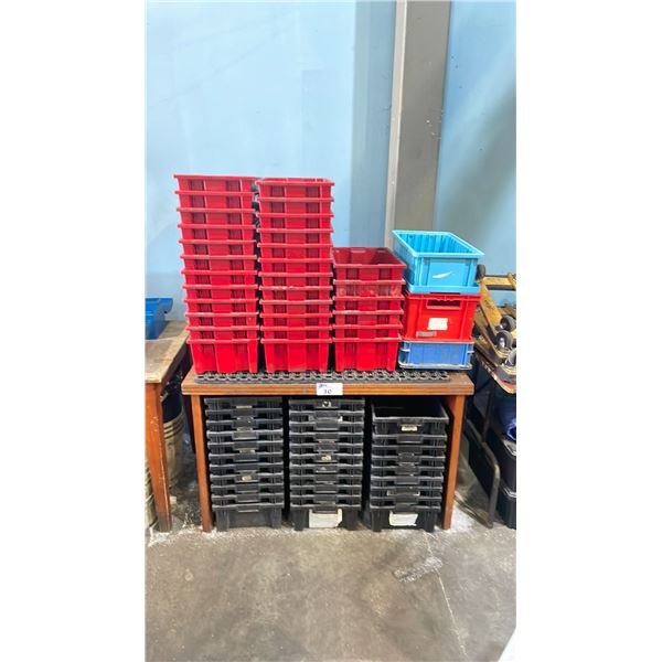WOODEN INDUSTRIAL WORK TABLE WITH ASSORTED COMMERCIAL STACKING SORTING BINS