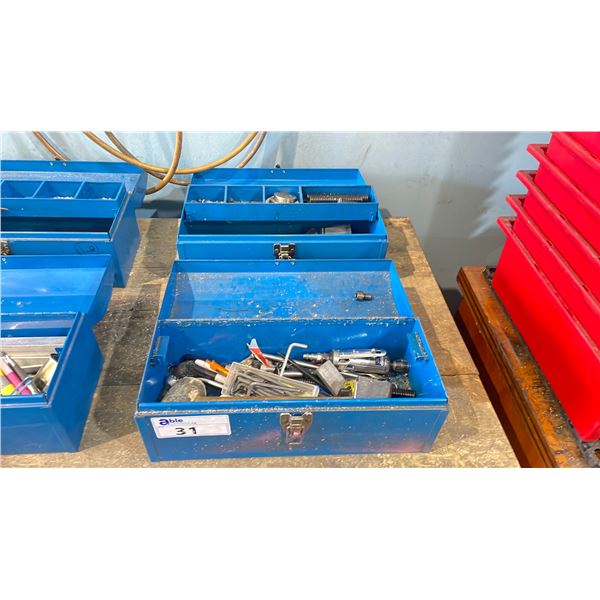 2 BLUE METAL HANDHELD TOOL BOXES WITH ASSORTED CONTENTS