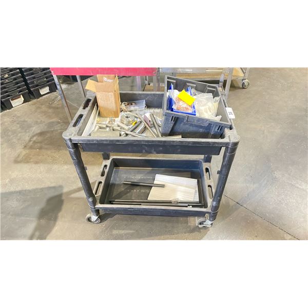BLACK PLASTIC 32"W X 18"D X 31"H INDUSTRIAL 2 TIER MOBILE PRODUCT CART WITH CONTENTS