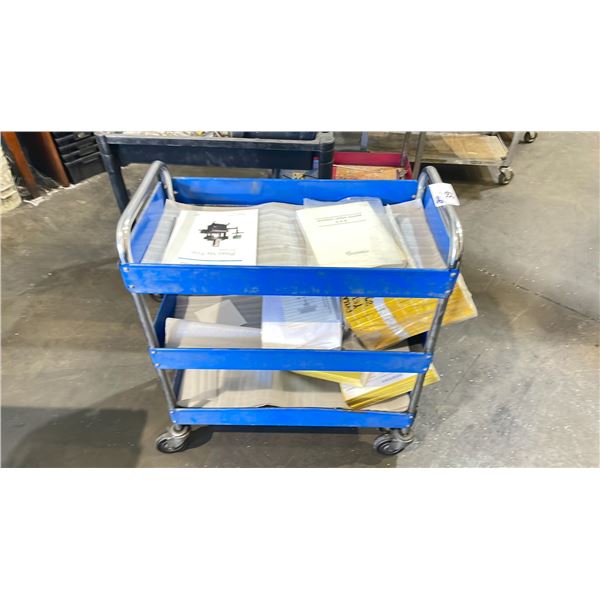 BLUE METAL 30"W X 16"D X 36"H INDUSTRIAL 3 TIER MOBILE PRODUCT CART WITH CONTENTS