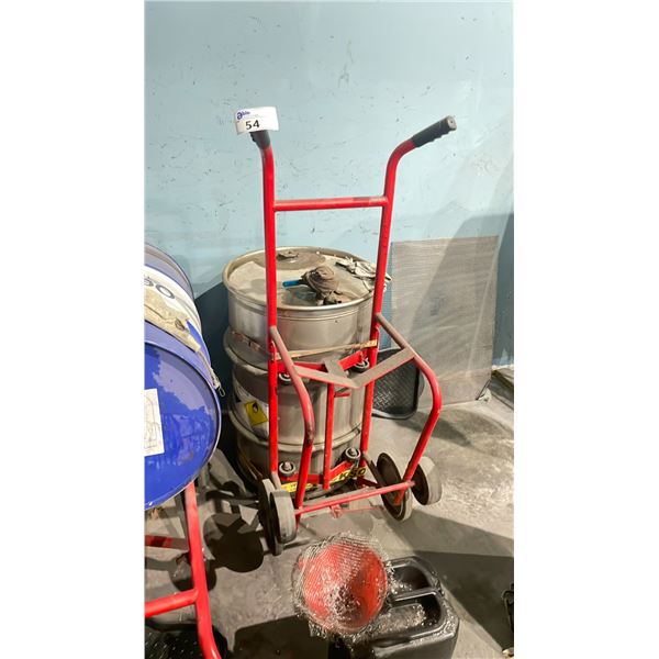 RED INDUSTRIAL BARREL DOLLY WITH LUBRICANT BARREL