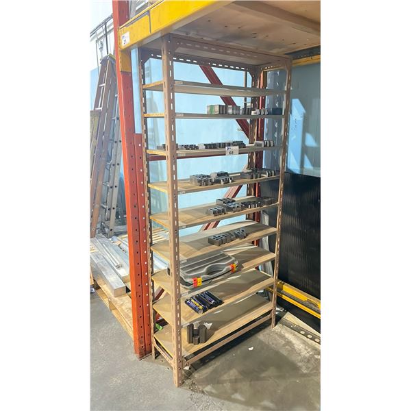 METAL 10 SHELF 36"W X 13" D  X 78" H ADJUSTABLE PARTS RACK UNIT WITH ASSORTED SOFTJAW TOOLING