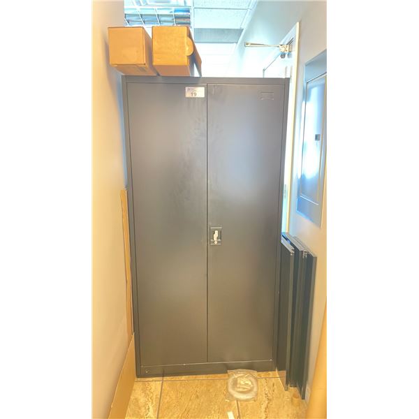 BLACK METAL 36W X 16"D 73"H 2 DOOR STORAGE CABINET WITH CONTENTS