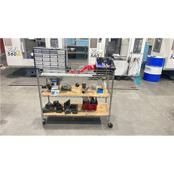 3 TIER MOBILE METRO STYLE RACKING SYSTEM WITH ASSORTED MACHINE TOOLING