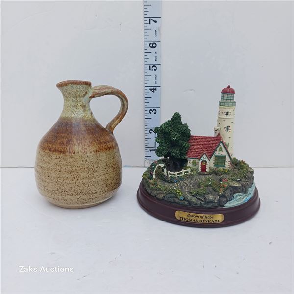 Signed Vintage Pottery Vase & Thomas Kinkade Beacon Of Hope Lighthouse