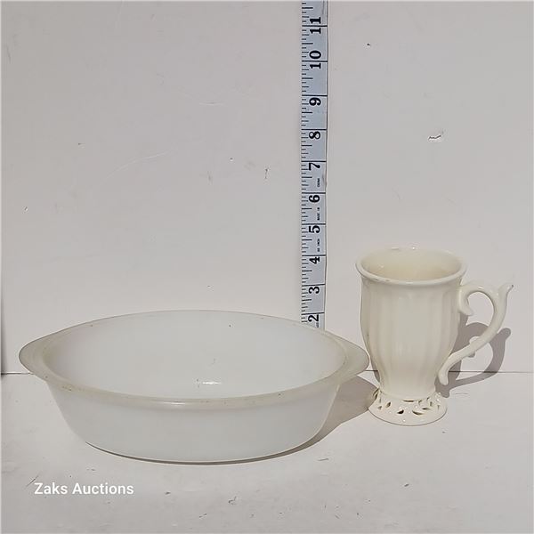Vintage, Milk Glass Dish & Footed Ceramic Mug