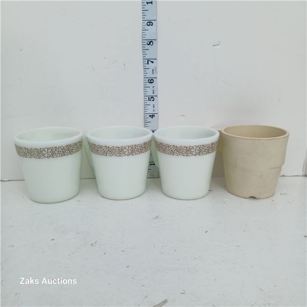 Three Pyrex Milk Glass Mugs & C. P. L. Mug